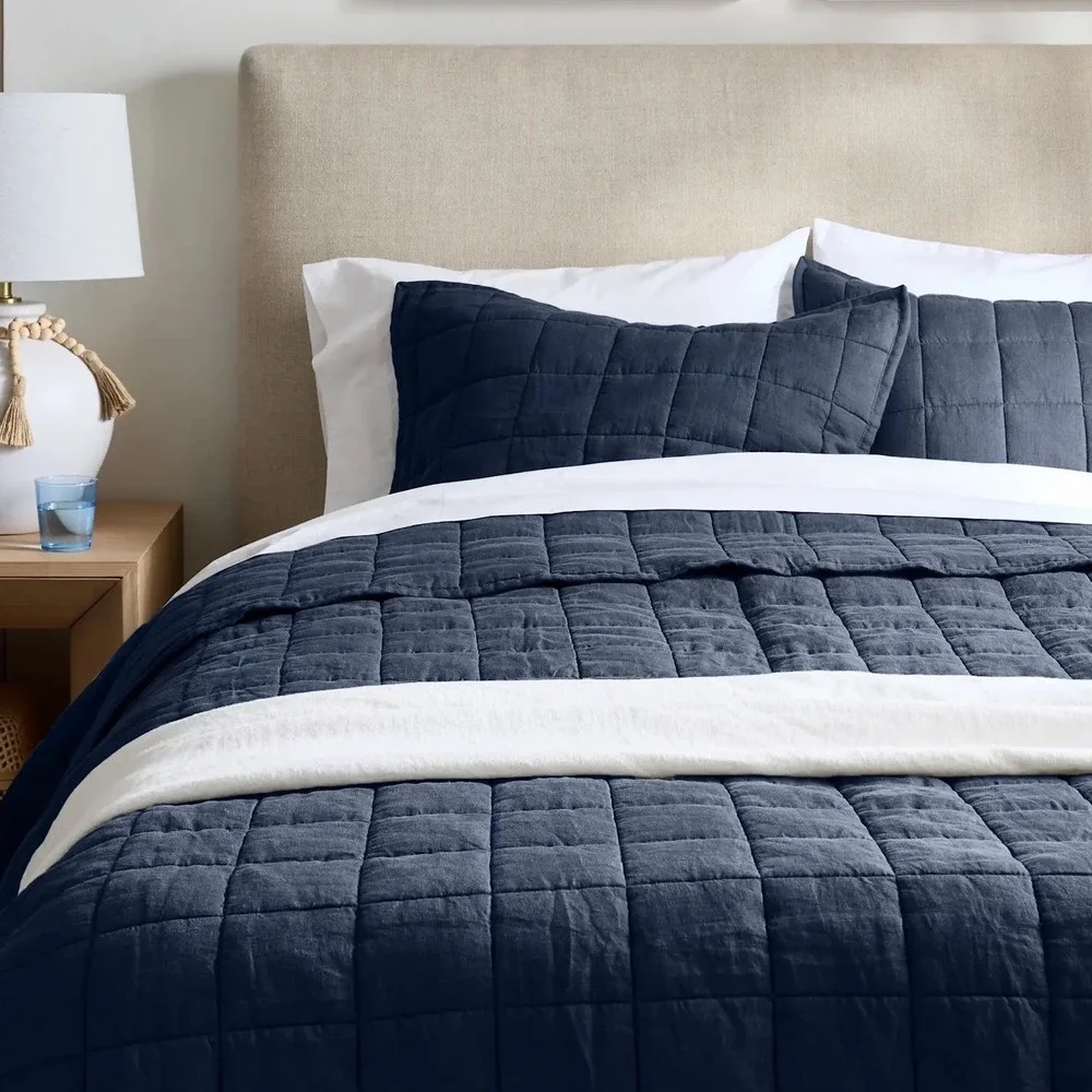 Quince European Linen Box Quilt Bedding King/Cal King Size Navy Blue NEW